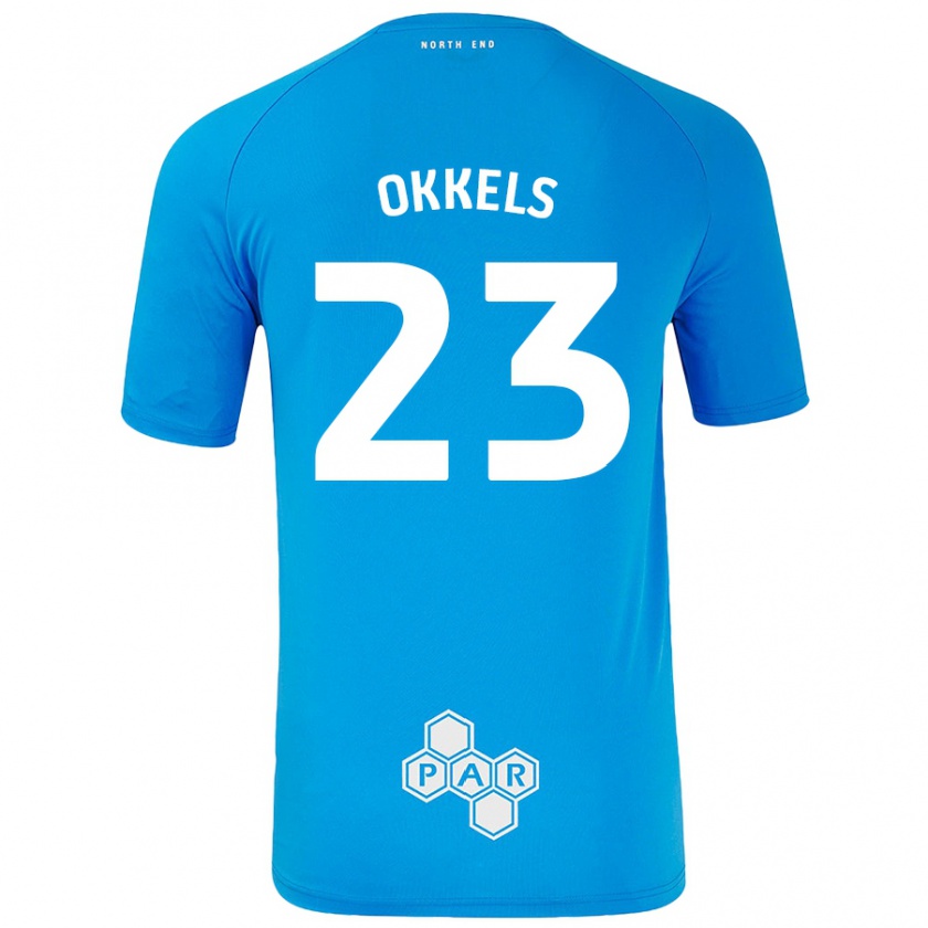 Kandiny Homme Maillot Jeppe Okkels #23 Bleu Ciel Tenues Extérieur 2024/25 T-Shirt