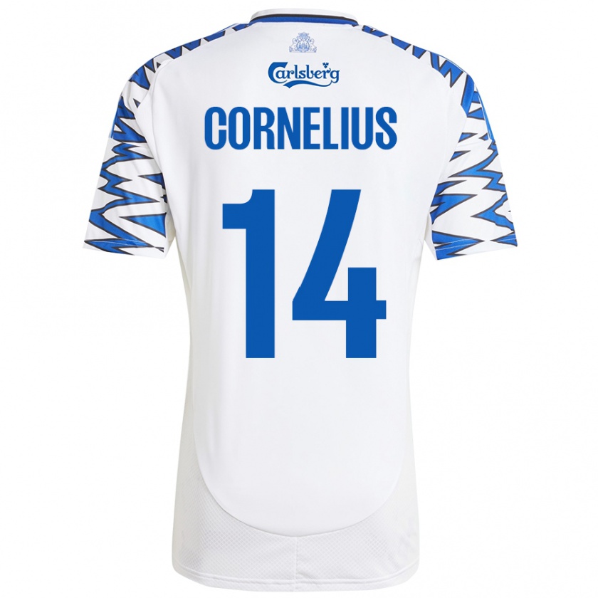 Kandiny Femme Maillot Andreas Cornelius #14 Blanc Bleu Ciel Tenues Domicile 2024/25 T-Shirt