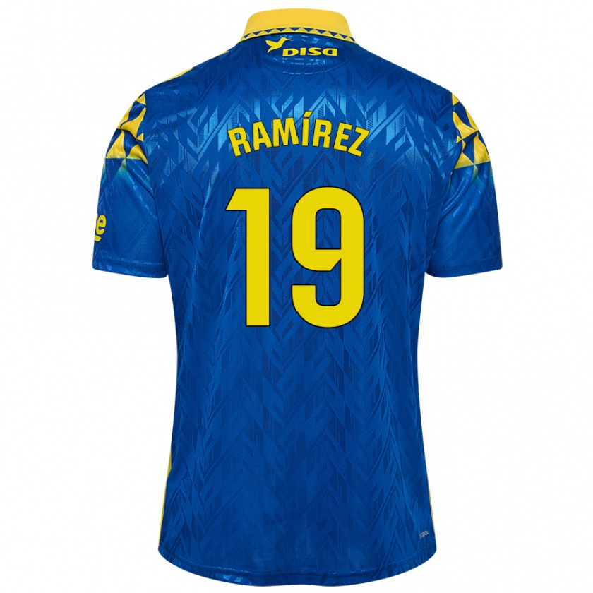 Kandiny Femme Maillot Sandro Ramírez #19 Bleu Jaune Tenues Extérieur 2024/25 T-Shirt