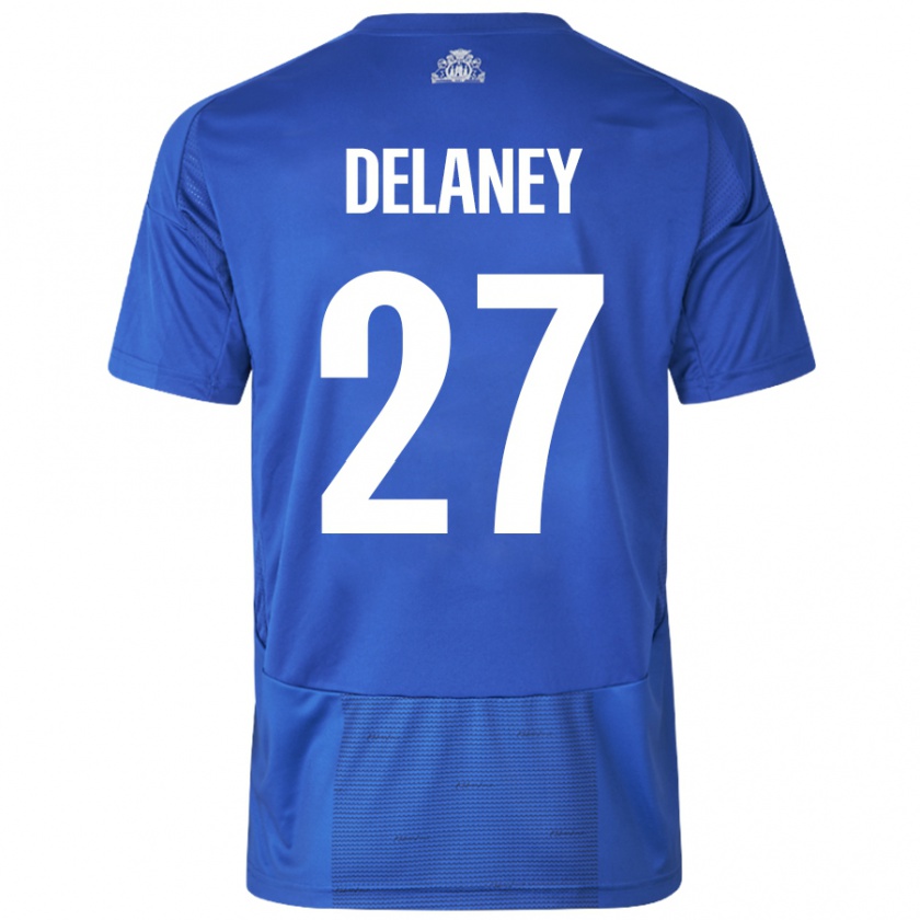 Kandiny Femme Maillot Thomas Delaney #27 Blanc Bleu Tenues Extérieur 2024/25 T-Shirt