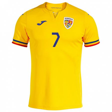 Kandiny Enfant Maillot Roumanie Ștefan Bodișteanu #7 Jaune Tenues Domicile 24-26 T-Shirt