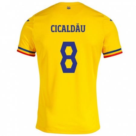 Kandiny Enfant Maillot Roumanie Alexandru Cicâldău #8 Jaune Tenues Domicile 24-26 T-Shirt