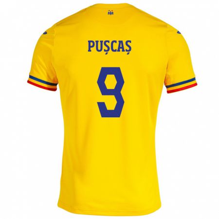 Kandiny Enfant Maillot Roumanie George Pușcaș #9 Jaune Tenues Domicile 24-26 T-Shirt