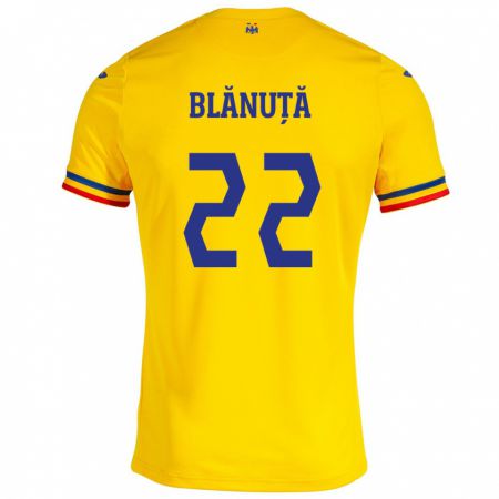 Kandiny Enfant Maillot Roumanie Vladislav Blănuță #22 Jaune Tenues Domicile 24-26 T-Shirt