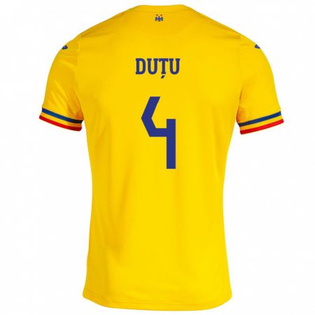 Kandiny Enfant Maillot Roumanie Ștefan Duțu #4 Jaune Tenues Domicile 24-26 T-Shirt