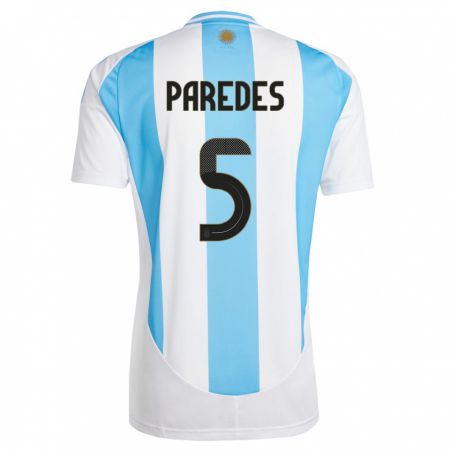 Kandiny Enfant Maillot Argentine Leandro Paredes #5 Blanc Bleu Tenues Domicile 24-26 T-Shirt