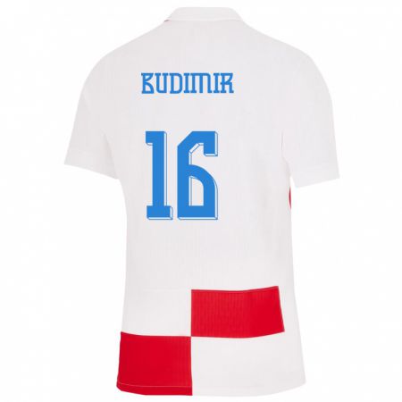 Kandiny Enfant Maillot Croatie Ante Budimir #16 Blanc Rouge Tenues Domicile 24-26 T-Shirt