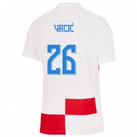 Kandiny Enfant Maillot Croatie Jere Vrcic #26 Blanc Rouge Tenues Domicile 24-26 T-Shirt