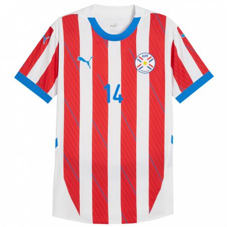 Kandiny Enfant Maillot Paraguay Fernando Román #14 Blanc Rouge Tenues Domicile 24-26 T-Shirt