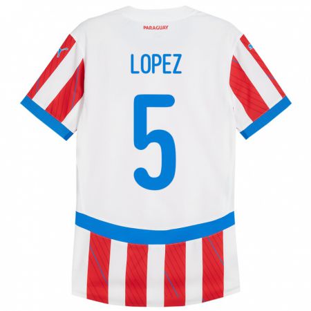 Kandiny Enfant Maillot Paraguay Óscar López #5 Blanc Rouge Tenues Domicile 24-26 T-Shirt