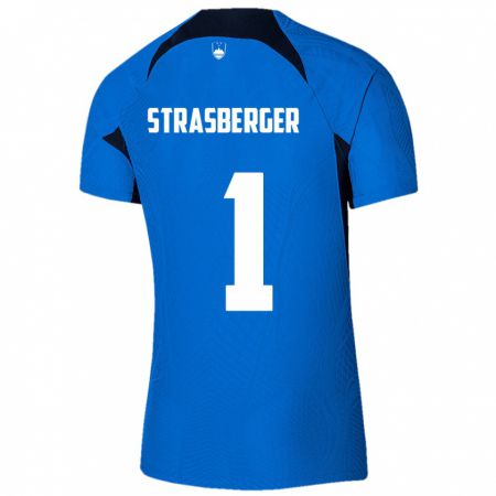 Kandiny Enfant Maillot Slovénie Tim Strasberger #1 Bleu Tenues Extérieur 24-26 T-Shirt