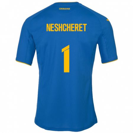 Kandiny Enfant Maillot Ukraine Ruslan Neshcheret #1 Bleu Tenues Extérieur 24-26 T-Shirt