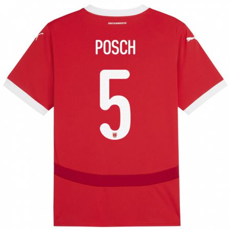 Kandiny Homme Maillot Autriche Stefan Posch #5 Rouge Tenues Domicile 24-26 T-Shirt
