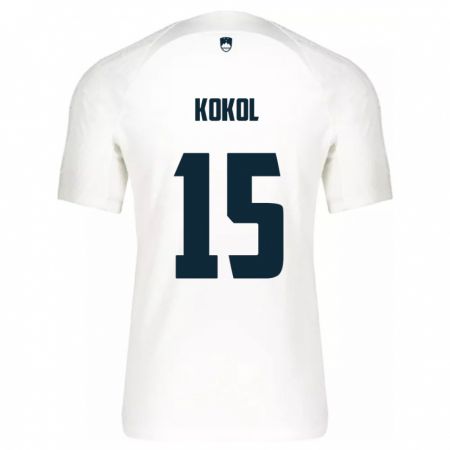 Kandiny Homme Maillot Slovénie Luka Kokol #15 Blanc Tenues Domicile 24-26 T-Shirt