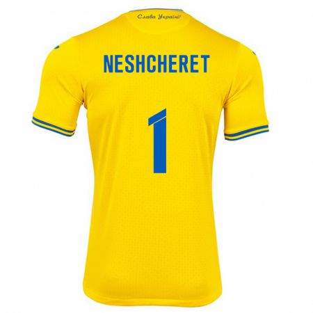 Kandiny Homme Maillot Ukraine Ruslan Neshcheret #1 Jaune Tenues Domicile 24-26 T-Shirt