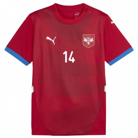 Kandiny Femme Maillot Serbie Andrija Zivkovic #14 Rouge Tenues Domicile 24-26 T-Shirt