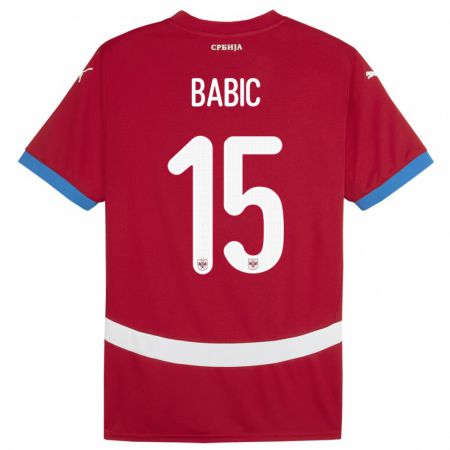 Kandiny Femme Maillot Serbie Srdjan Babic #15 Rouge Tenues Domicile 24-26 T-Shirt