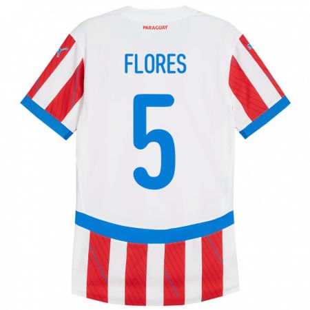 Kandiny Femme Maillot Paraguay Gilberto Flores #5 Blanc Rouge Tenues Domicile 24-26 T-Shirt