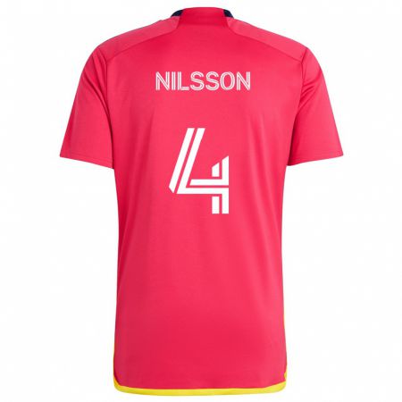 Kandiny Enfant Maillot Joakim Nilsson #4 Rouge Bleu Tenues Domicile 2024/25 T-Shirt