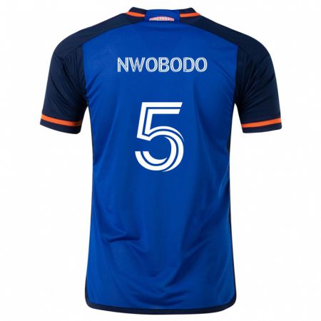 Kandiny Enfant Maillot Obinna Nwobodo #5 Bleu Blanc Tenues Domicile 2024/25 T-Shirt