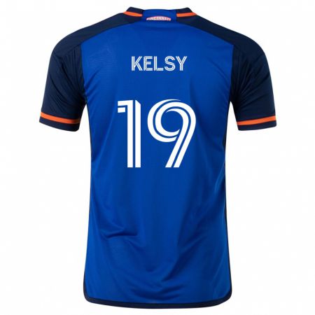 Kandiny Enfant Maillot Kevin Kelsy #19 Bleu Blanc Tenues Domicile 2024/25 T-Shirt