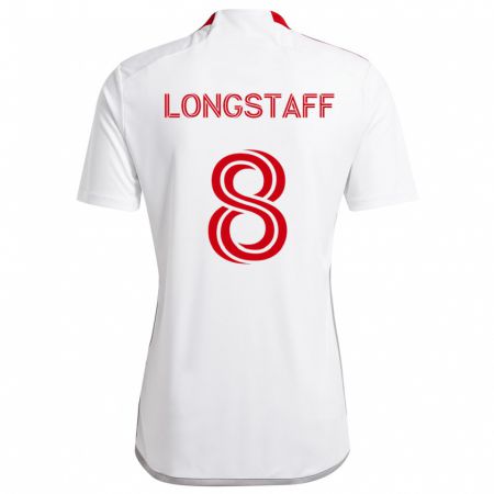 Kandiny Enfant Maillot Matty Longstaff #8 Blanc Rouge Tenues Extérieur 2024/25 T-Shirt