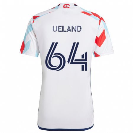 Kandiny Enfant Maillot Andreas Ueland #64 Blanc Rouge Bleu Tenues Extérieur 2024/25 T-Shirt