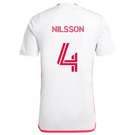 Kandiny Enfant Maillot Joakim Nilsson #4 Blanc Rouge Tenues Extérieur 2024/25 T-Shirt