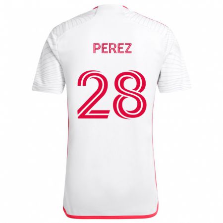 Kandiny Enfant Maillot Miguel Perez #28 Blanc Rouge Tenues Extérieur 2024/25 T-Shirt