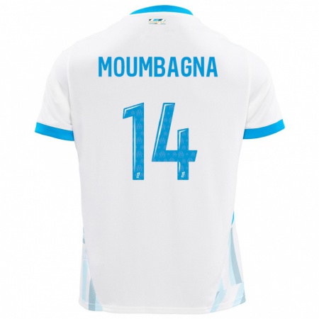 Kandiny Enfant Maillot Faris Moumbagna #14 Blanc Bleu Ciel Tenues Domicile 2024/25 T-Shirt