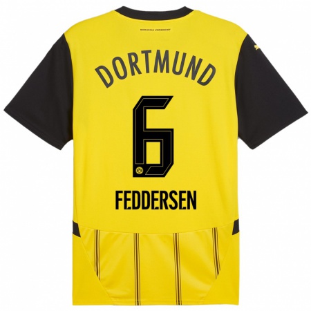 Kandiny Enfant Maillot Jonas Feddersen #6 Jaune Noir Tenues Domicile 2024/25 T-Shirt