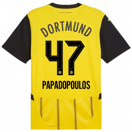 Kandiny Enfant Maillot Antonios Papadopoulos #47 Jaune Noir Tenues Domicile 2024/25 T-Shirt