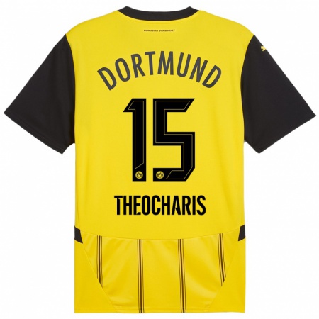 Kandiny Enfant Maillot Elefterios Theocharis #15 Jaune Noir Tenues Domicile 2024/25 T-Shirt