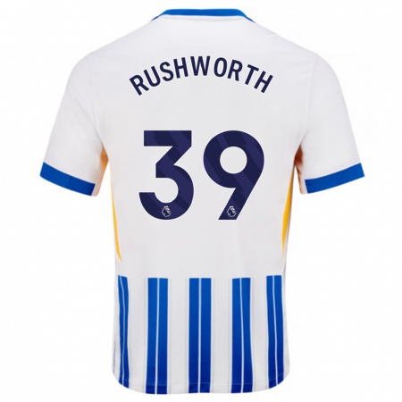 Kandiny Enfant Maillot Carl Rushworth #39 Blanc Bleu À Rayures Fines Tenues Domicile 2024/25 T-Shirt