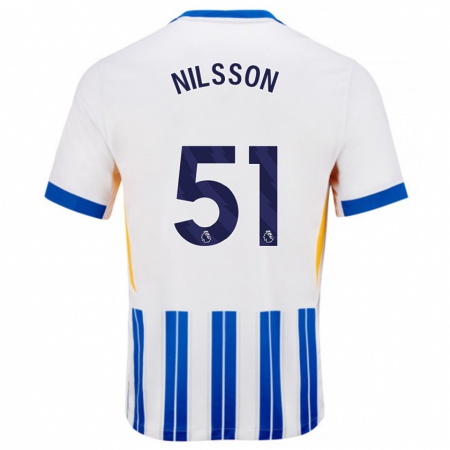 Kandiny Enfant Maillot Casper Nilsson #51 Blanc Bleu À Rayures Fines Tenues Domicile 2024/25 T-Shirt