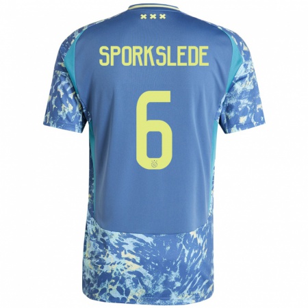 Kandiny Enfant Maillot Fabian Sporkslede #6 Gris Bleu Jaune Tenues Extérieur 2024/25 T-Shirt