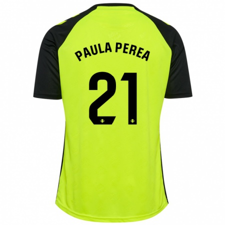 Kandiny Enfant Maillot Paula Perea Ramírez #21 Jaune Fluo Noir Tenues Extérieur 2024/25 T-Shirt