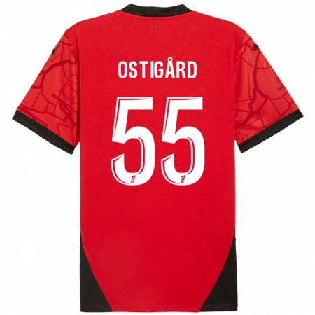 Kandiny Enfant Maillot Leo Østigård #55 Rouge Noir Tenues Domicile 2024/25 T-Shirt