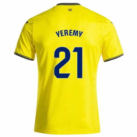 Kandiny Enfant Maillot Yéremy Pino #21 Jaune Noir Tenues Domicile 2024/25 T-Shirt