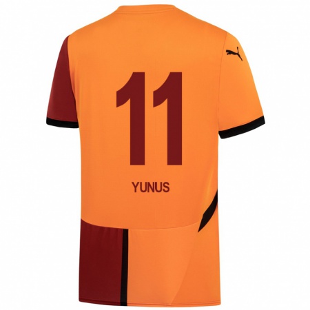 Kandiny Enfant Maillot Yunus Akgün #11 Jaune Rouge Tenues Domicile 2024/25 T-Shirt