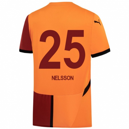 Kandiny Enfant Maillot Victor Nelsson #25 Jaune Rouge Tenues Domicile 2024/25 T-Shirt