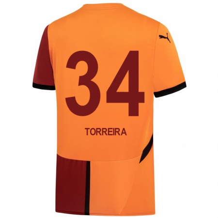 Kandiny Enfant Maillot Lucas Torreira #34 Jaune Rouge Tenues Domicile 2024/25 T-Shirt