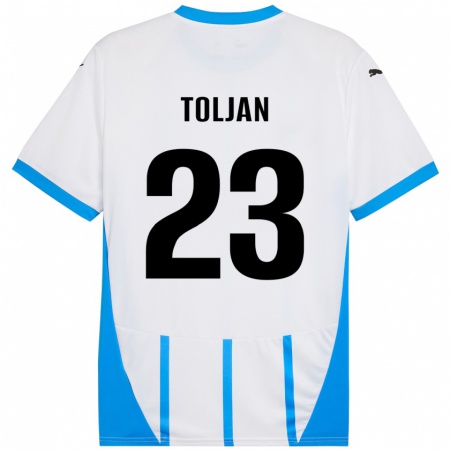 Kandiny Enfant Maillot Jeremy Toljan #23 Blanc Bleu Tenues Extérieur 2024/25 T-Shirt