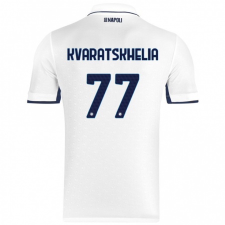 Kandiny Enfant Maillot Khvicha Kvaratskhelia #77 Blanc Bleu Royal Tenues Extérieur 2024/25 T-Shirt