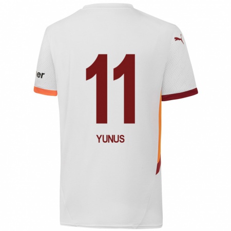 Kandiny Enfant Maillot Yunus Akgün #11 Blanc Jaune Rouge Tenues Extérieur 2024/25 T-Shirt