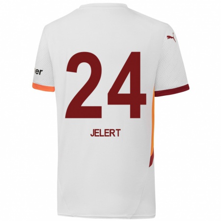 Kandiny Enfant Maillot Elias Jelert #24 Blanc Jaune Rouge Tenues Extérieur 2024/25 T-Shirt