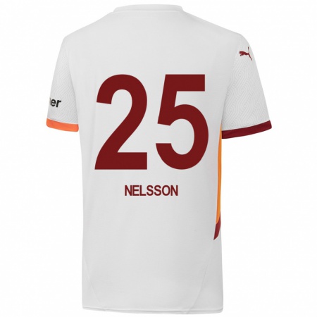 Kandiny Enfant Maillot Victor Nelsson #25 Blanc Jaune Rouge Tenues Extérieur 2024/25 T-Shirt