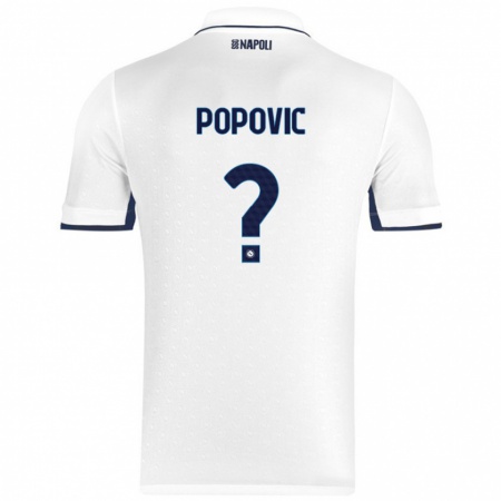 Kandiny Homme Maillot Matija Popovic #0 Blanc Bleu Royal Tenues Extérieur 2024/25 T-Shirt