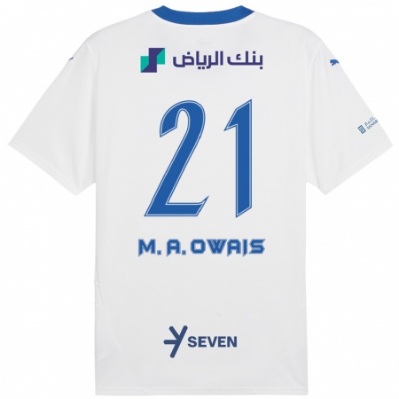 Kandiny Enfant Maillot Mohammed Al-Owais #21 Blanc Bleu Tenues Extérieur 2024/25 T-Shirt