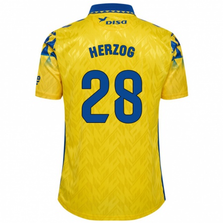 Kandiny Enfant Maillot Juanma Herzog #28 Jaune Bleu Tenues Domicile 2024/25 T-Shirt